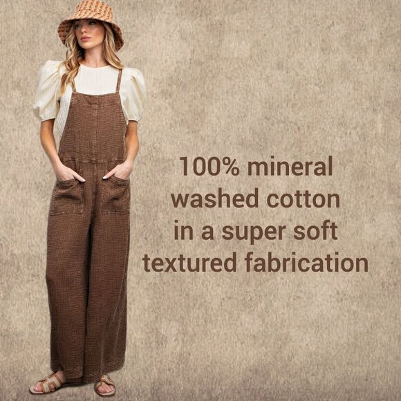 EASEL "Here I Am" Mineral Washed Wide Leg Jumpsuit Adjustable Tie Straps Pockets - Picture 2 of 16